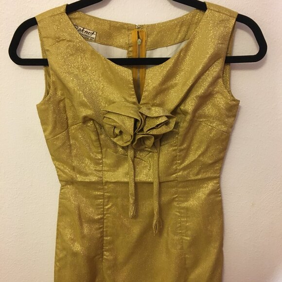 Vintage 60s Gold Metallic Cocktail Wiggle Dress Christmas Holiday  Glam NYE (1) - Picture 9 of 16